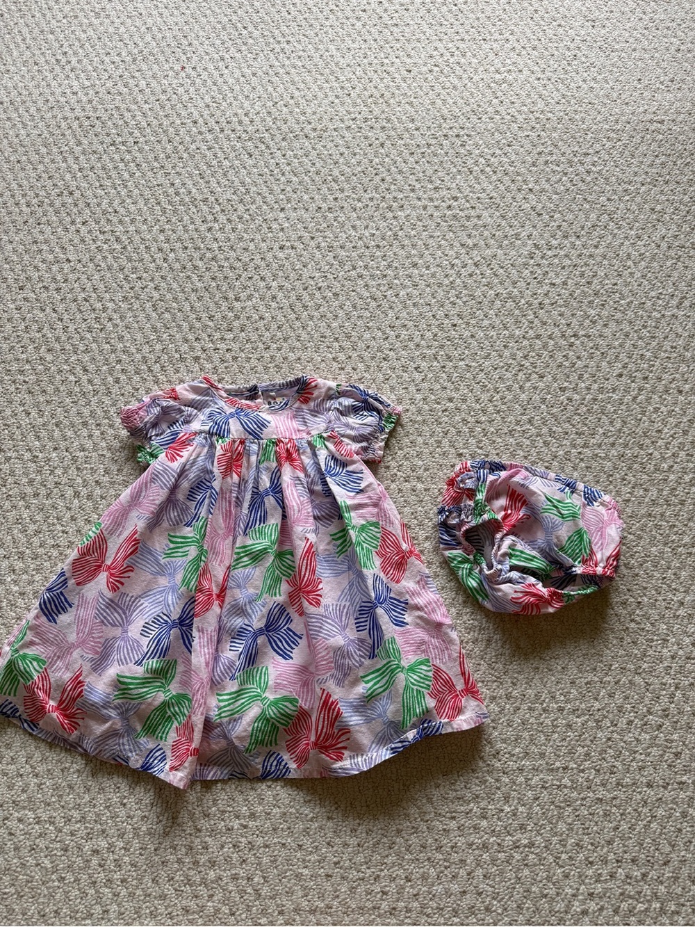 Boden Baby Pink Bow Dress with Multicolor Print